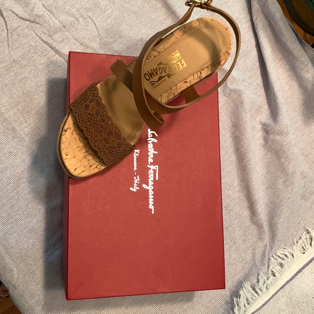 Salvatore Ferragamo brown leather and cork wedge sandal with box barely worn